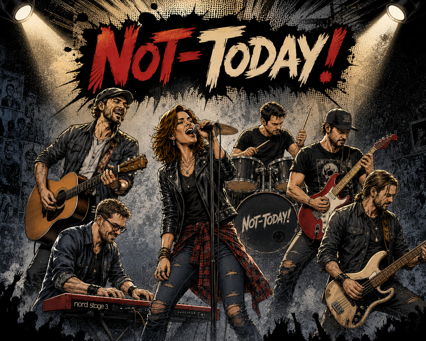 Symbolische Darstellung der sechs Bandmitglieder von Not Today
